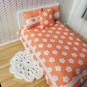 Miniature Dollhouse Floral Orange Bedding Set 1:12 Scale